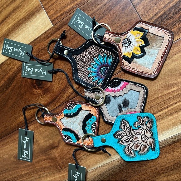 Fave! Myra Bag Purple Turquoise Floral tooled leather key chain fob gift flower - Picture 5 of 5